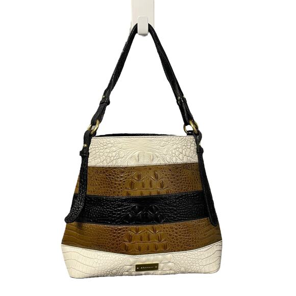 Brahmin Brown Black White Striped Croc Embossed Leather Shoulder Handbag AS IS - Picture 1 of 10